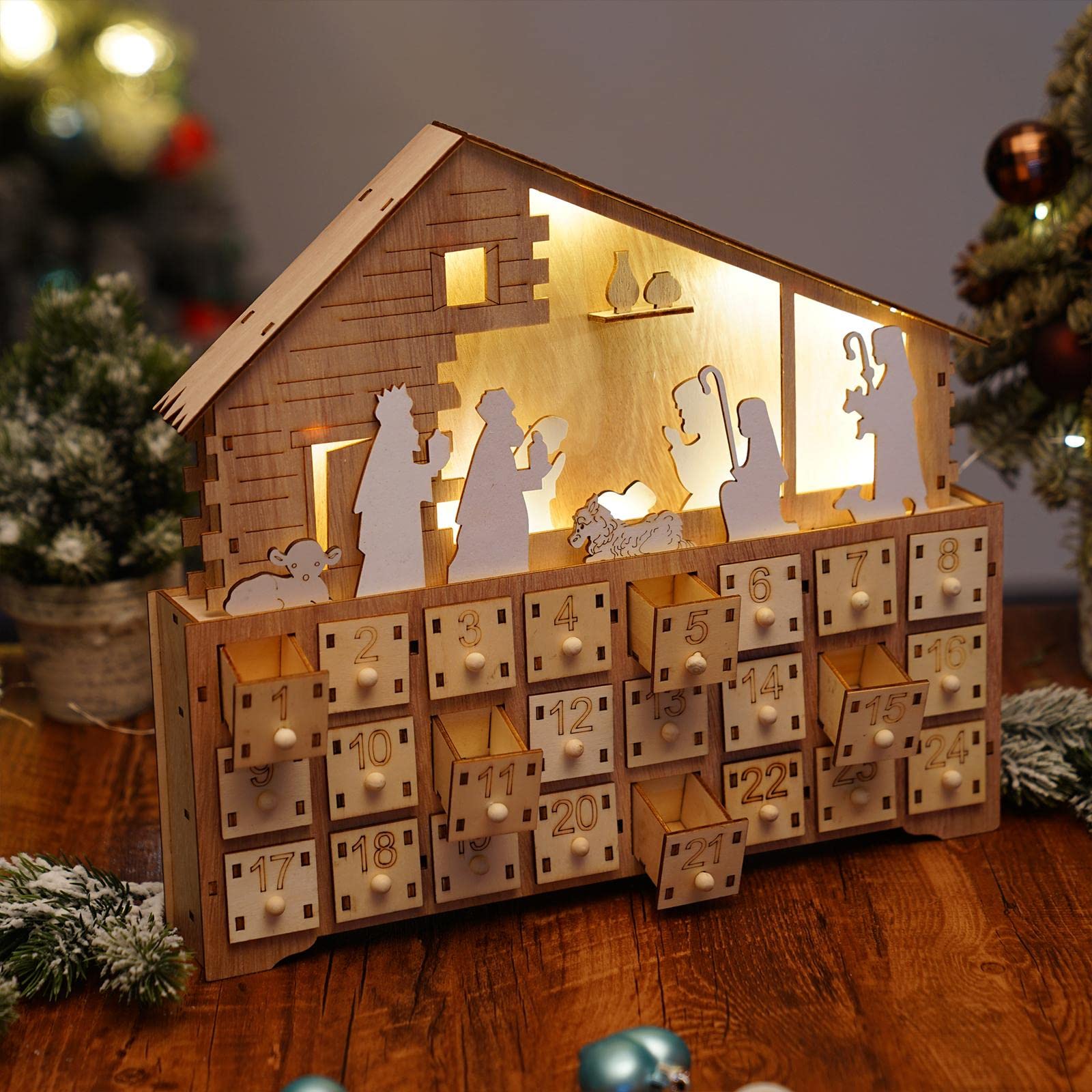 Amazon.co.jp: クリスマス木製アドベントカレンダーハウス、引き出し24